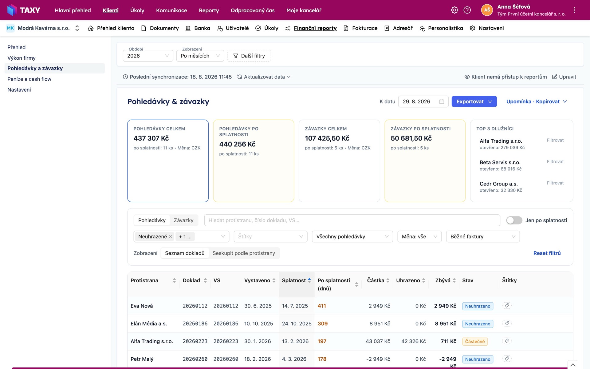 Перечень дебиторской и кредиторской задолженности в TAXY