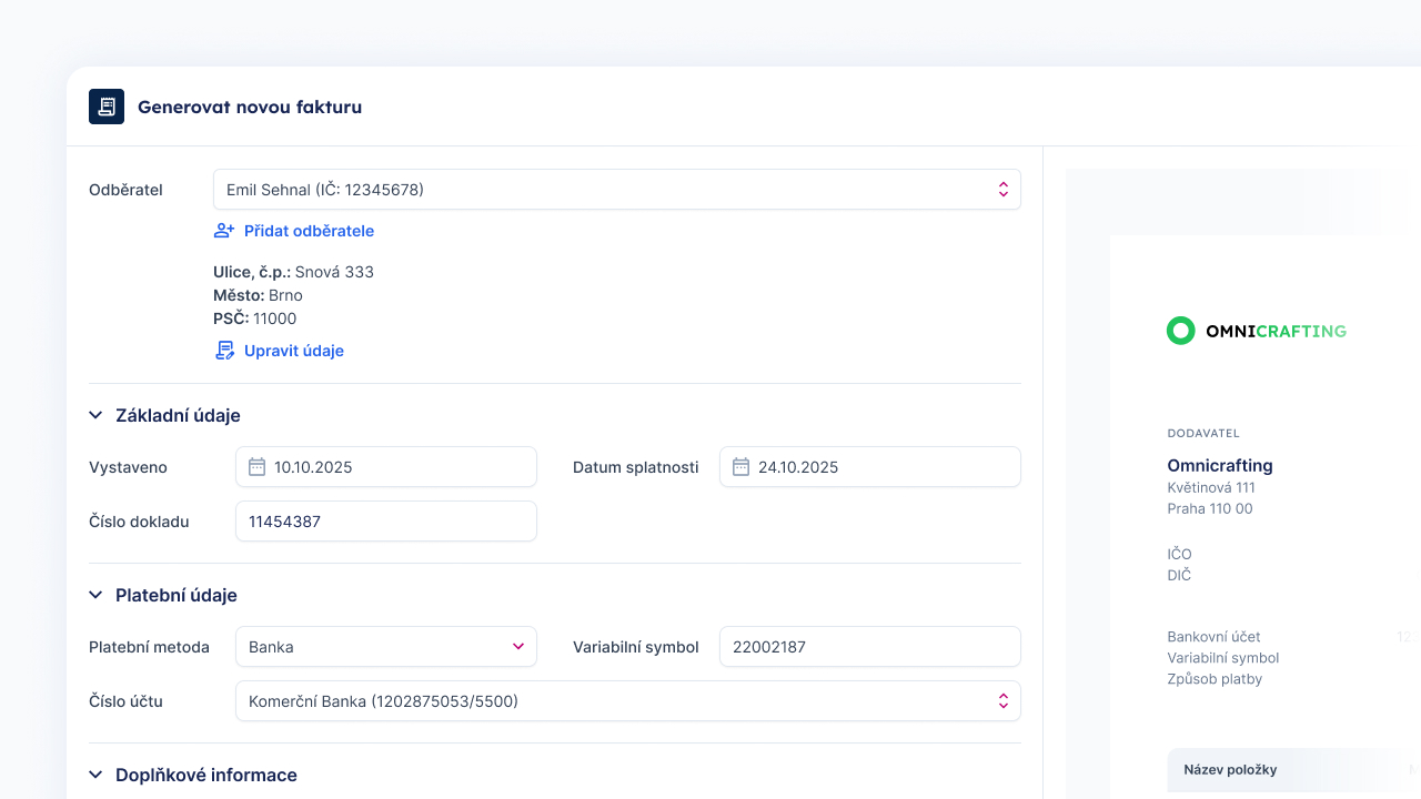 Modál s nastavením a zobrazením faktury