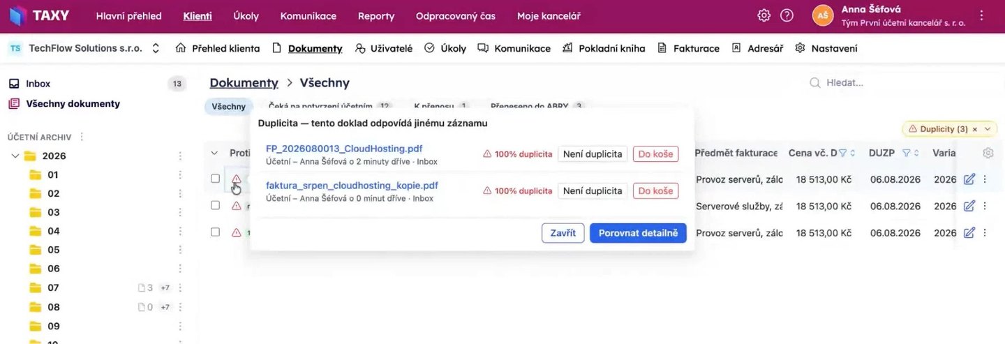 Okno s upozorněním na duplicitu dokladu a možnostmi Není duplicita, Do koše nebo Porovnat detailně