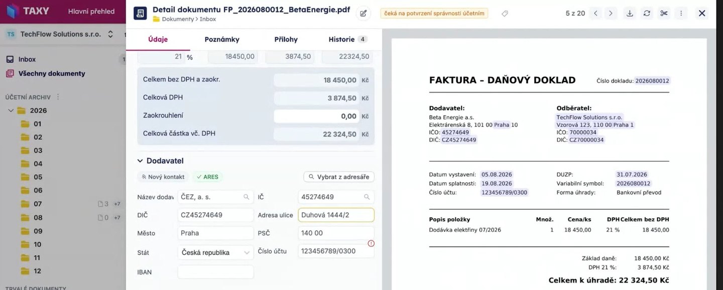 Detail dokladu s vytěženými údaji dodavatele a párováním protistrany na adresář