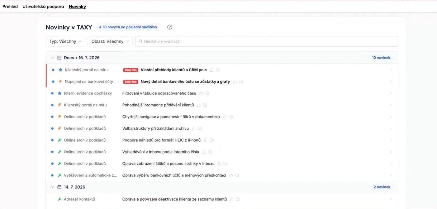 Sekce Novinky v TAXY v Centru pomoci se seznamem změn seřazených podle data