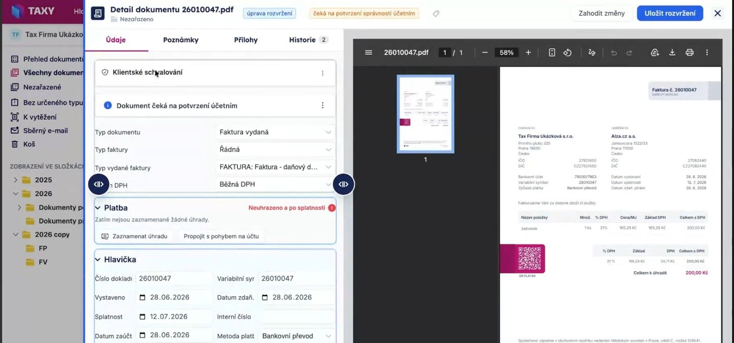 Detail dokladu v režimu úpravy rozvržení s možností roztáhnout levý i pravý panel