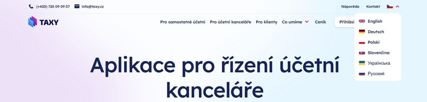 Přepínač jazyků na webu TAXY s nabídkou angličtiny, němčiny, polštiny, slovenštiny, ukrajinštiny a ruštiny