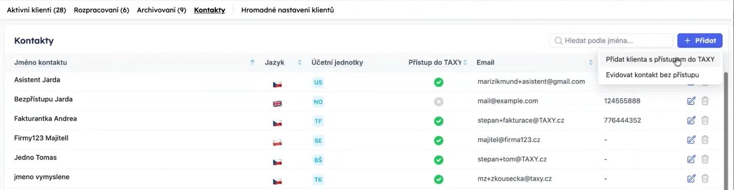 Seznam kontaktů celé kanceláře s informací o přístupu do TAXY a volbou přidat klienta s přístupem nebo evidovat kontakt bez přístupu